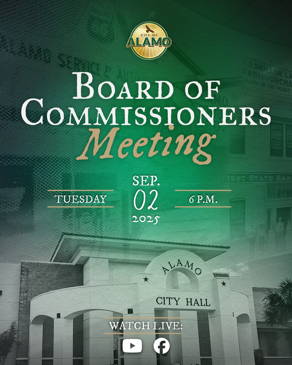 📢 City Commission Meeting TONIGHT at 6 PM 🏛️ 📍 420 N. Tower Rd. Your voice matters—join us in person or watch LIVE on FB &amp; YouTube! 🔴 #StayConnected #AlamoTexas
