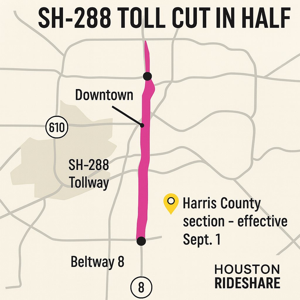 RideHTown's tweet photo. 🚨 Houston Toll Update: Starting Sept. 1, tolls on the Harris County–managed stretch of SH-288 have been cut in HALF.
Good news for drivers south of downtown. Let’s break down what this means. 🧵👇
#HoustonTraffic #SH288 #TollRelief #HoustonDrivers https://t.co/mQ3hm6o2Fj