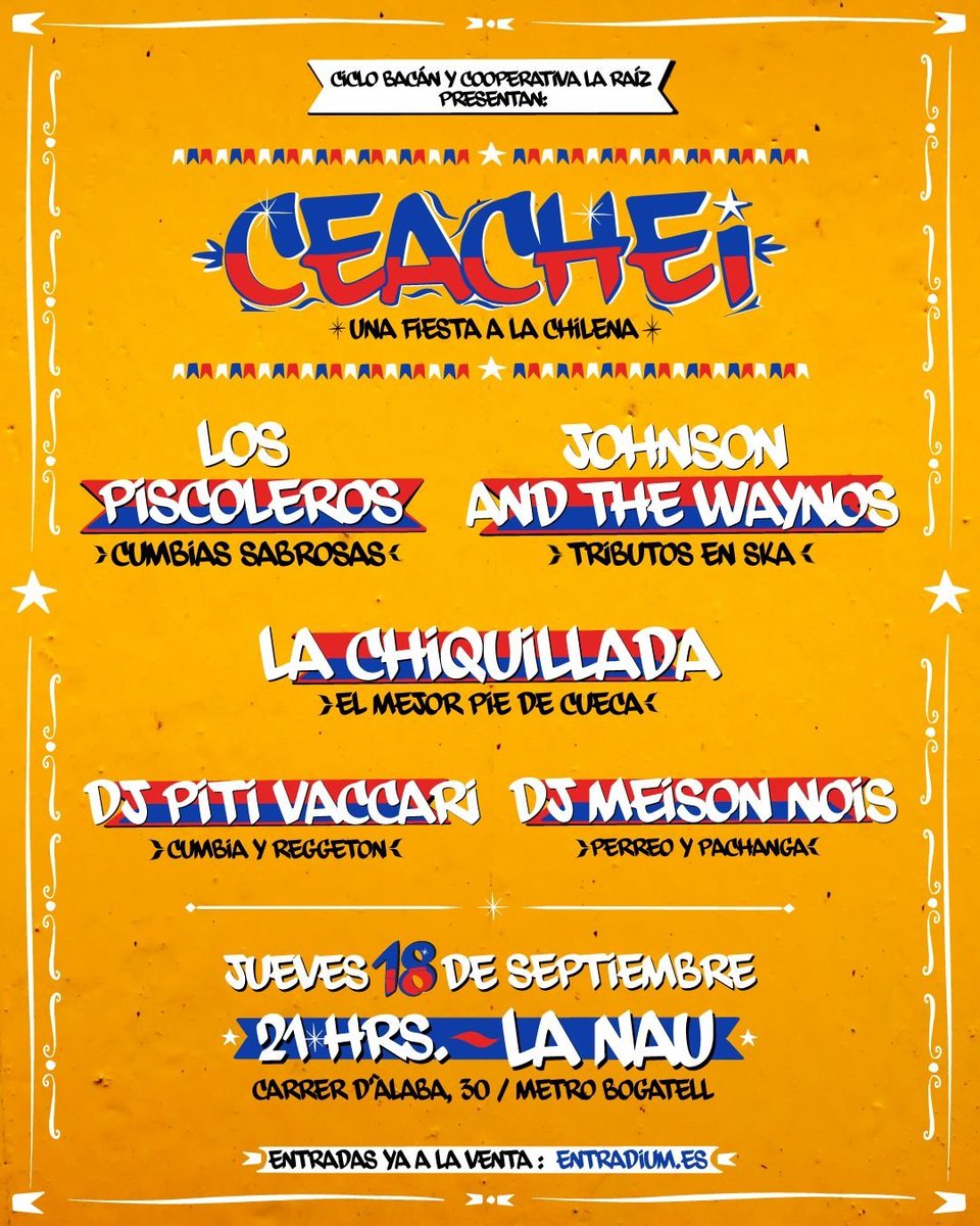 CGChileBCN's tweet photo. 🎊🇨🇱 Partimos con las primeras actividades que nos han compartido:
👉 @fondadebadalona
👉 @lafondadechilebcn
👉 @ceachei_bcn
🙌 ¡¡Sumate para que celebremos juntos y juntas estas Fiestas Patrias!! 💃🕺
✨¡¡Que viva Chile!! 🇨🇱✨
#FiestasPatrias #ChileEnElExterior #Dicoex https://t.co/ro34Qwi6yP