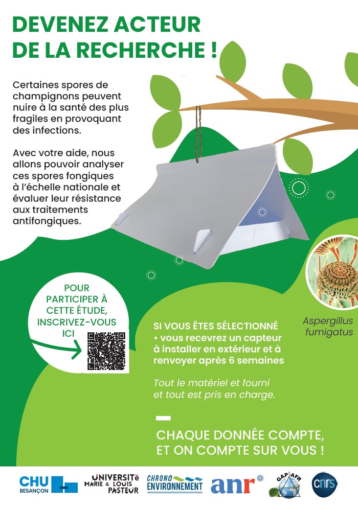 🌍 Envie de contribuer à la science en mycologie ?
Des chercheurs de l’Université de Besançon lancent une étude participative pour analyser les spores fongiques de l'environnement et leur résistance aux antifongiques.
🔗 enquetes.univ-fcomte.fr/limesurvey/ind…
 #OneHealth #aspergillus