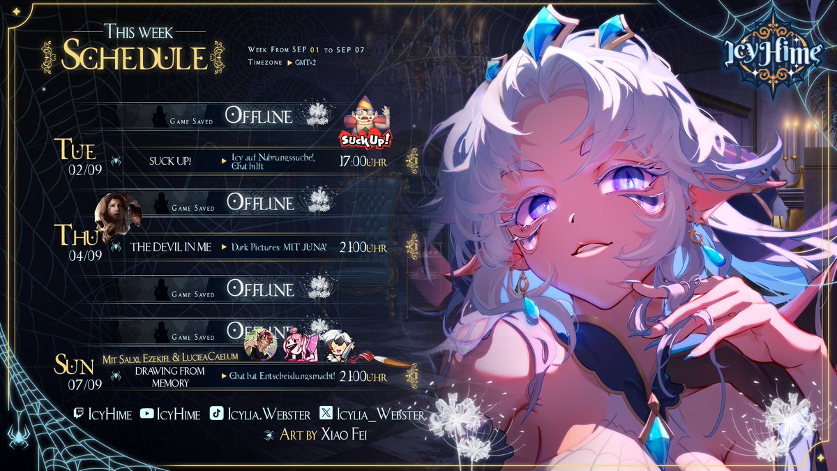 IcyHime | GER Spider Vtuber |🕸️👑❄️ (@icylia_webster) on Twitter photo Streamplan!
Schaut gerne gleich vorbei und helft mir bei der Nahrungssuche!
Am Donnerstag fangen <a href="/JunaFurkuro/">Juna Furkuro</a> und ich mit dem neusten Teil von Dark Pictures an!
Und am Sonntag die Collab mit <a href="/Ezekiel_VT/">Ezekiel⚠️⛓️「CyberDemon VTuber」| VGen</a> <a href="/SalxiArt/">Salxi | Artist & VTuber ✨🌙</a> <a href="/LucielaCaelum/">CIEL🌹🐉✨ / PARTNER PUSH</a> ! Drawing from memory! + Chat entscheidet! Streamplan!
Schaut gerne gleich vorbei und helft mir bei der Nahrungssuche!
Am Donnerstag fangen <a href="/JunaFurkuro/">Juna Furkuro</a> und ich mit dem neusten Teil von Dark Pictures an!
Und am Sonntag die Collab mit <a href="/Ezekiel_VT/">Ezekiel⚠️⛓️「CyberDemon VTuber」| VGen</a> <a href="/SalxiArt/">Salxi | Artist & VTuber ✨🌙</a> <a href="/LucielaCaelum/">CIEL🌹🐉✨ / PARTNER PUSH</a> ! Drawing from memory! + Chat entscheidet!