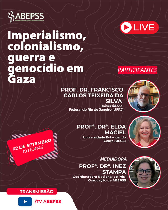 ss_critico's tweet photo. Na terça-feira, 02 de setembro de 2025, a ABEPSS irá realizar a live “Imperialismo, colonialismo, guerra e genocídio em Gaza”, com transmissão pela TV ABEPSS (YouTube). 

A atividade integra o projeto "ABEPSS Ao Vivo" e será realizada às 19h.

Link: https://t.co/LdjXdx8vRg https://t.co/2gAEoWKtjO