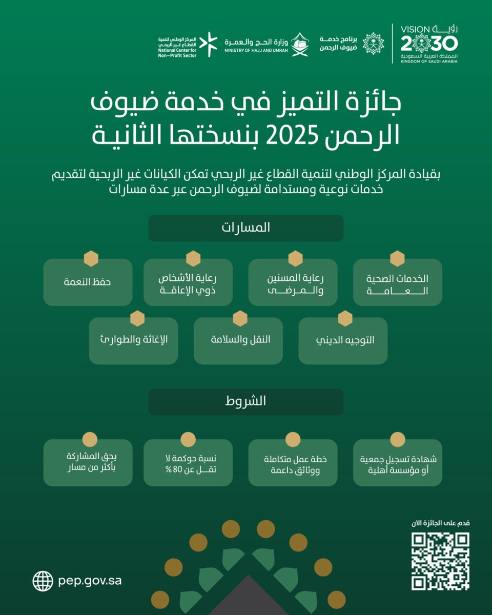 PEPSaudi's tweet image. جائزة التميز في خدمة ضيوف الرحمن 2025 
بنسختها الثانية، ندعو الكيانات الغير الربحية للمشاركة بمبادرات نوعية تُعزز رسالة المملكة في خدمة ضيوف الرحمن وتترك أثرًا مستدامًا.
تفاصيل المسارات عبر دليل الجائزة:url-shortener.me/41FA