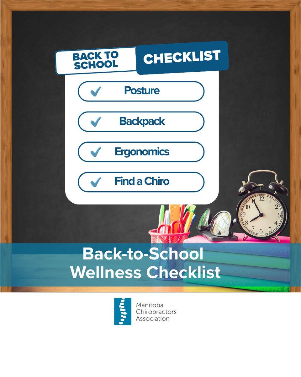 MBchiropractors's tweet photo. The long weekend is over, and the first day of school is just around the corner! We know you've already checked off the school supplies, but have you checked on their spine? After a summer of being relaxed and having no routine, it's time to make sure their posture is ready to go back to school!
 
Use our quick checklist to make sure they are ready for the school year!
 
✅ The Backpack Test: Make sure they use both straps to distribute the weight evenly.
✅ The Chair Check: Their chair should allow for a straight back and support their lumbar spine.
✅ The Break Reminder: Encourage them to take regular breaks from sitting to stretch.
 
Let's make sure this school year is a healthy one!
#ManitobaChiropractors #BackToSchool #Checklist #HealthyKids #SpineHealth