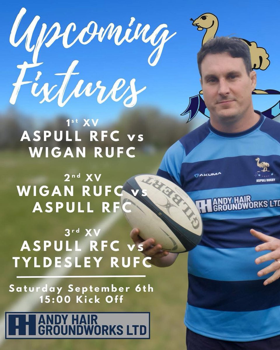 Aspullrfc's tweet image. A massive Saturday of rugby coming up for Aspull RFC! 💪💙

🏉 1st XV (Home): Aspull RFC vs Wigan RUFC
🏉 2nd XV (Away): Wigan RUFC vs Aspull RFC
🏉 3rd XV (Home): Aspull RFC vs Tyldesley RUFC

📅 Saturday 6th September
⏰ 3:00pm Kick Off