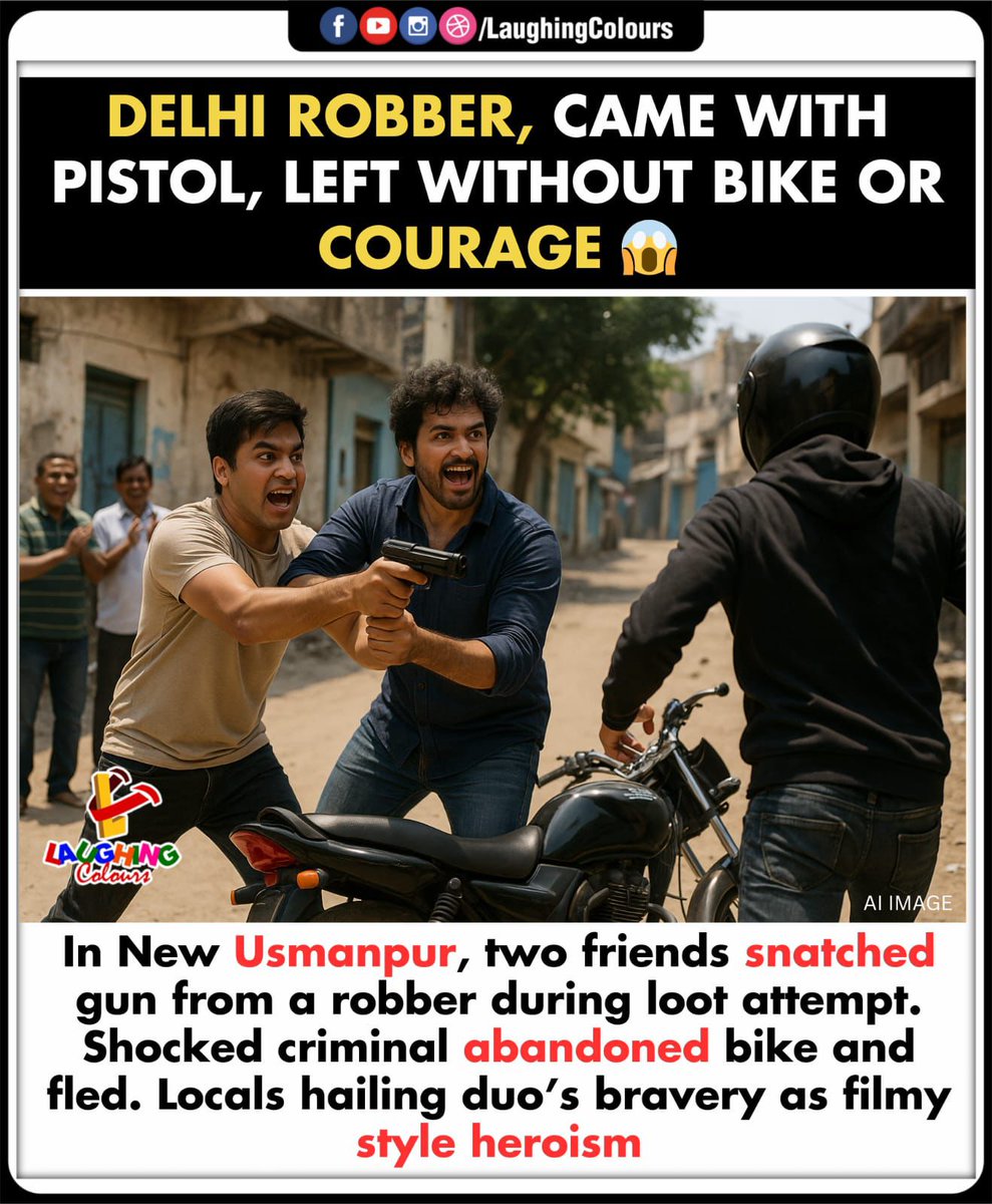 LaughingColours's tweet image. Delhi robber foiled by locals 😱

#Delhi #CrimeNews #HeroicAct #ViralStory #StreetJustice #Bravery