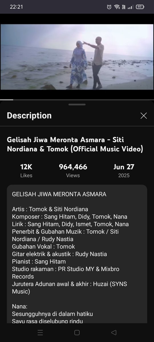 ikyrimal's tweet photo. On 66th day, #SitiNordiana & #Tomok 's #gelisahjiwamerontaasmara has gained 964,000 views from YouTube.
Let's keep stream guys until 1 Million views #SNFC #Tomokianz #GJMA https://t.co/fsTHWu5im9