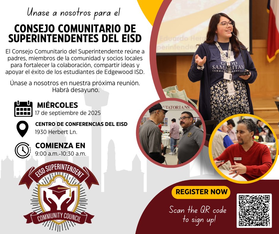 📣 Parents, community members &amp; partners, join us for the Superintendent’s Community Council on Wed, Sept 17!
✅ RSVP: forms.office.com/r/dK0HbNBvTX
<a href="/EISDofSA/">Edgewood ISD</a>