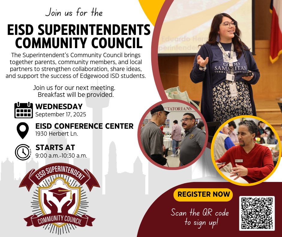 EISDFE's tweet photo. 📣 Parents, community members &amp; partners, join us for the Superintendent’s Community Council on Wed, Sept 17!
✅ RSVP: https://t.co/FkBgdYOSgL
@EISDofSA https://t.co/JCQiHZE5hK