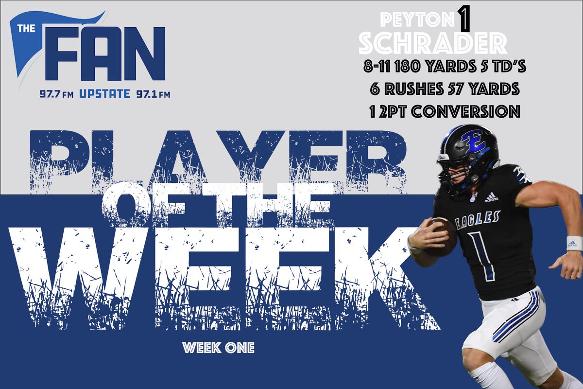 🚨 WEEK ONE PLAYER OF THE WEEK

Congratulations to Peyton Schrader (<a href="/peyton_schrader/">Peyton Schrader</a>) of Eastside High School for being selected as The Fan Upstate Player of the Week for his performance in Week One!