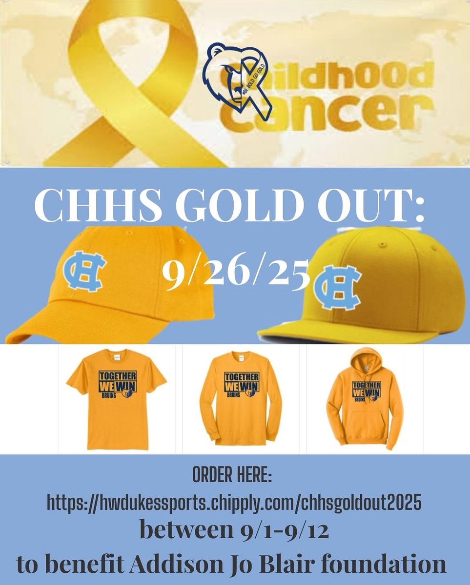GOLD OUT GAME | SEPTEMBER 26 

Join us for a special night under the lights as we take on Henderson County in our annual Gold Out Game in support of Childhood Cancer Awareness Month. 💛🏈

hwdukessports.chipply.com/chhsgoldout202…