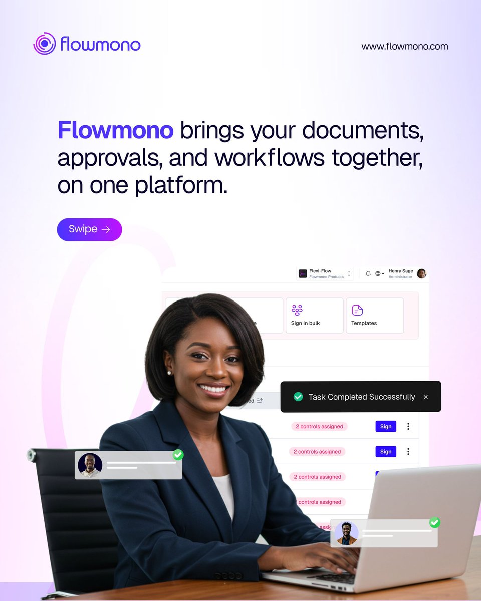 Flowmonoinc's tweet image. Work hard? ✅
Work smart? Even better.
With Flowmono, you can streamline approvals, documents, and workflows all in one place, giving you more time to focus on growth.
#Flowmono #worksmart #businessgrowth