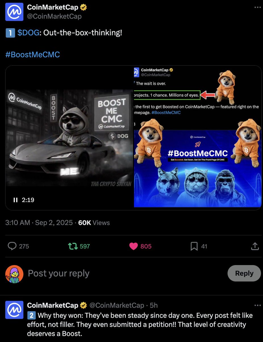 🚨JUST IN: $DOG wins First Place in <a href="/CoinMarketCap/">CoinMarketCap</a> (#BoostMeCMC) contest to be featured on front page in from of millions of viewers.

Most engaging post highlights: <a href="/cryptolution101/">Vincent (Cryptolution) 👑</a> petition &amp; <a href="/ThaCryptoSaiyan/">Tha Crypto Saiyan</a> music video.

CMC said "Why they won: They’ve been steady since day