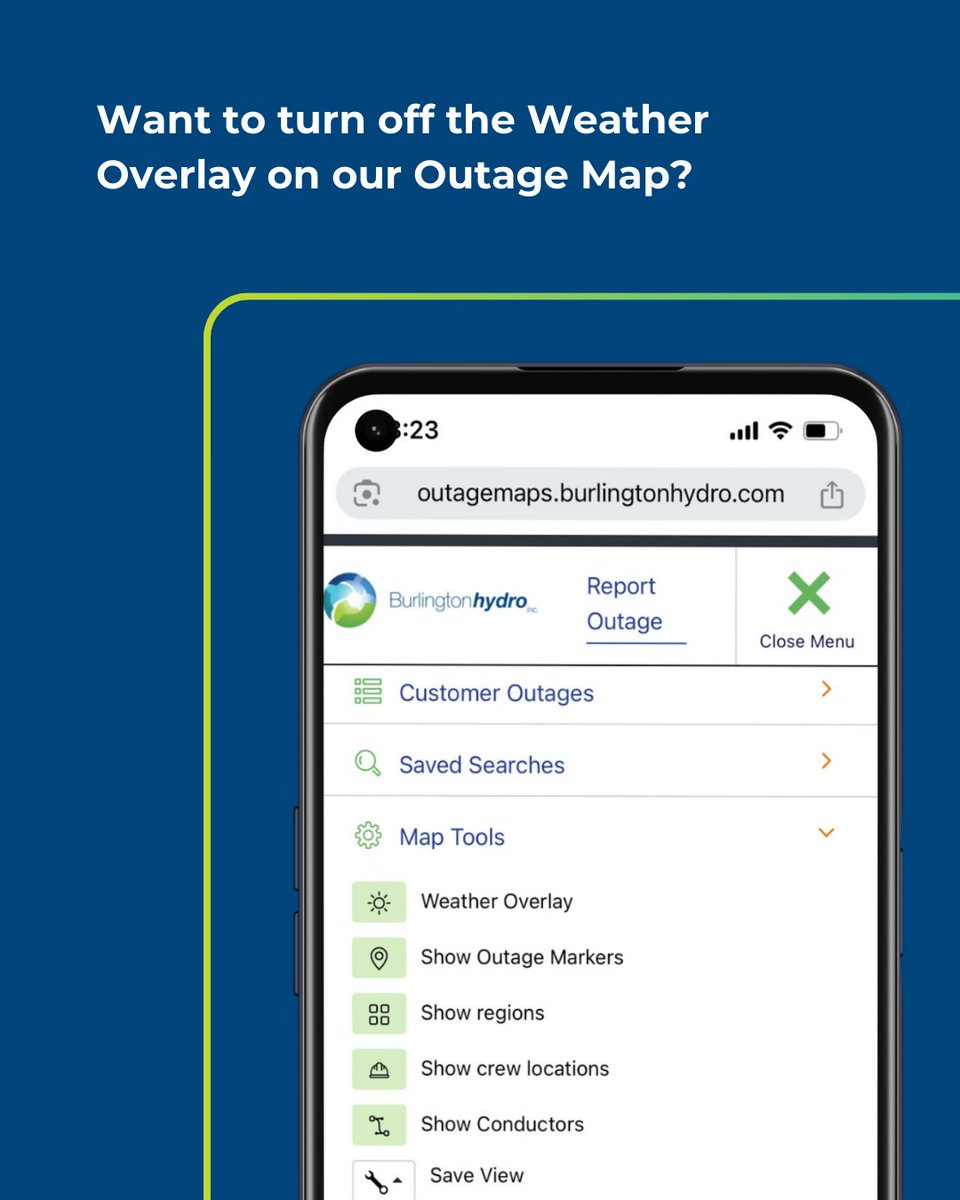 BurlingtonHydro's tweet image. 🌤️ Tip for Our Outage Map Users
Want to turn off the weather overlay? It’s easy:
1️⃣ Open the right-hand menu
2️⃣ Go to Outage Tools
3️⃣ Click the Weather Overlay button to switch it from green to white
#OutageMap #HelpfulTips