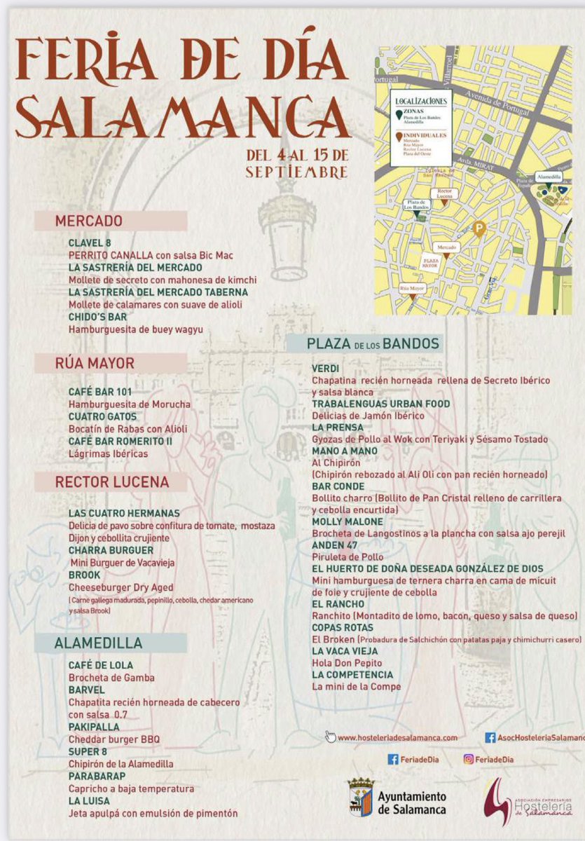 🌟 ¡Salamanca ya huele a fiesta! 🌟
Del 4 al 15 de septiembre, las calles se llenan de vida con la #FeriaDeDía2025 🎉

👉 28 casetas repartidas en 5 zonas: Alamedilla, Bandos, Mercado, Rúa y Rector Lucena
👉 Pinchos, música, bikers y mucho ambiente
👉 Horario: 12:00 a 00:30