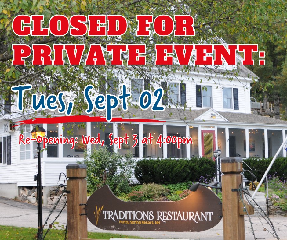 PuritySpring's tweet image. Please note Traditions Restaurant will be closed TONIGHT as we say "Thank You" to all our Hoyt Family property employees at our End of Season Celebration. 🙏🍻🥳
We will re-open tomorrow night at 4:00pm.