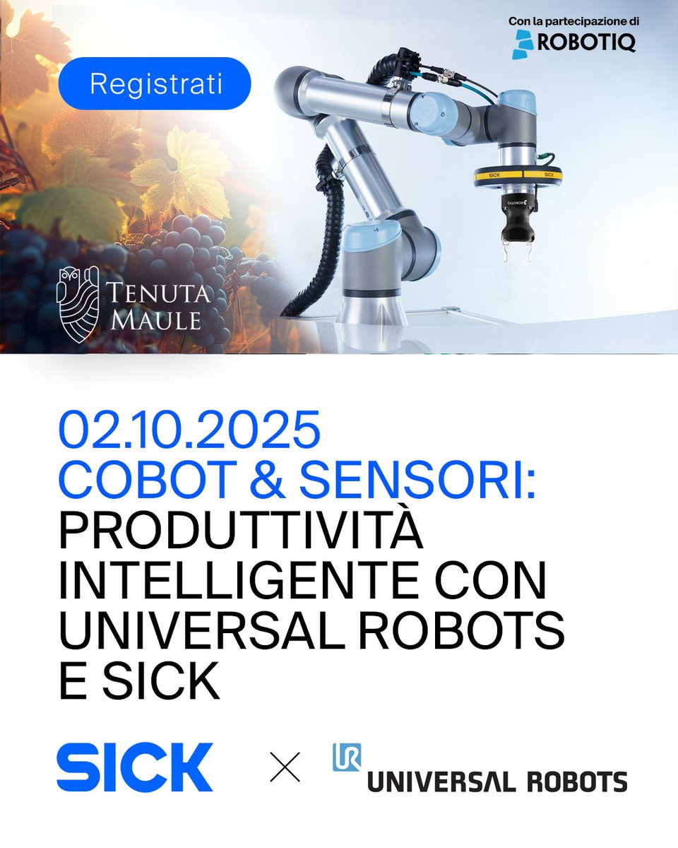 SICKItalia's tweet image. 🚀 Scopri la Produttività Intelligente con #Cobot &amp;amp; #Sensori di #UniversalRobots e @SICKItalia e rivoluziona la tua produzione.
📍Tenuta Maule, Montebello Vicentino (VI) 2 Ottobre 2025
➡️ Demo live, networking e aperitivo. Posti limitati!
Registrati ora: okt.to/kyiOC1