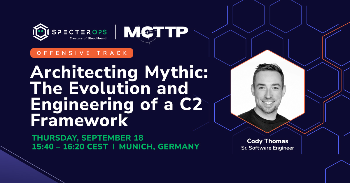 SpecterOps's tweet image. There's no one-size-fits-all C2 framework.
That's why @its_a_feature_ spent 7 years building Mythic, & learning lessons along the way. Join Cody at @MCTTP_Con, where he will share the tips & tricks every red teamer needs to hear.
Learn more: ghst.ly/4mGUBw2