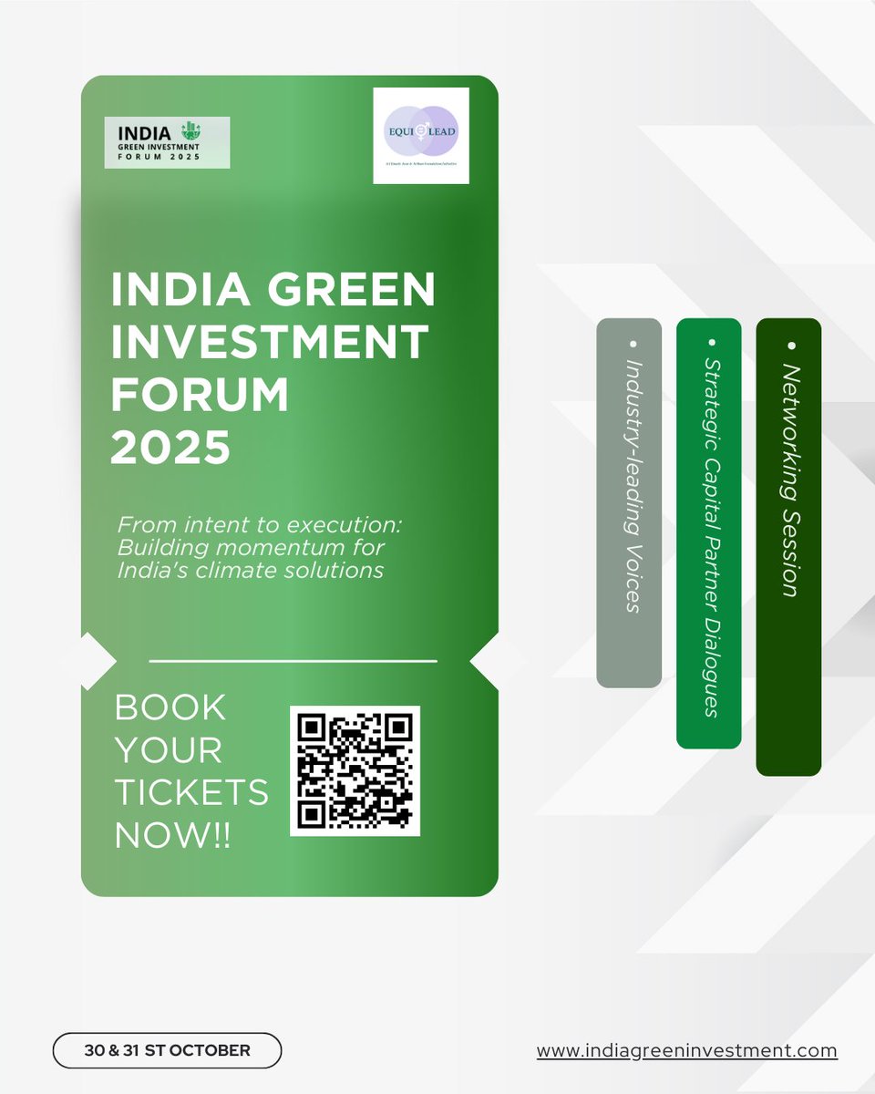 EquiLead (@equileadorg) on Twitter photo We are excited to partner with the India Green Investment Forum (IGIF) 2025— <a href="/IIIC_India/">Impact Investors Council</a>'s flagship convening focused on #climate innovation and #greenfinancing in India.
Join the momentum. Use code 25IGIF2025 at checkout to avail discount - indiagreeninvestment.com/registration We are excited to partner with the India Green Investment Forum (IGIF) 2025— <a href="/IIIC_India/">Impact Investors Council</a>'s flagship convening focused on #climate innovation and #greenfinancing in India.
Join the momentum. Use code 25IGIF2025 at checkout to avail discount - indiagreeninvestment.com/registration