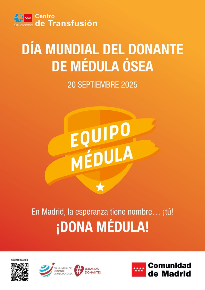 EquipoMedula's tweet photo. 🧡 Día Mundial del Donante de Médula Ósea
📅 20 septiembre - 11:30h.
📍 Centro de Transfusión de la @ComunidadMadrid

En Madrid, la esperanza tiene nombre… ¡tú!
¡DONA MÉDULA! 🧡
#DMDMO2025 #WMDD2025 #GraciasDonante #ThankYouDonor

📲 Conéctate en directo: https://t.co/ZxACSkfWcp https://t.co/Qgq2VPOR9G
