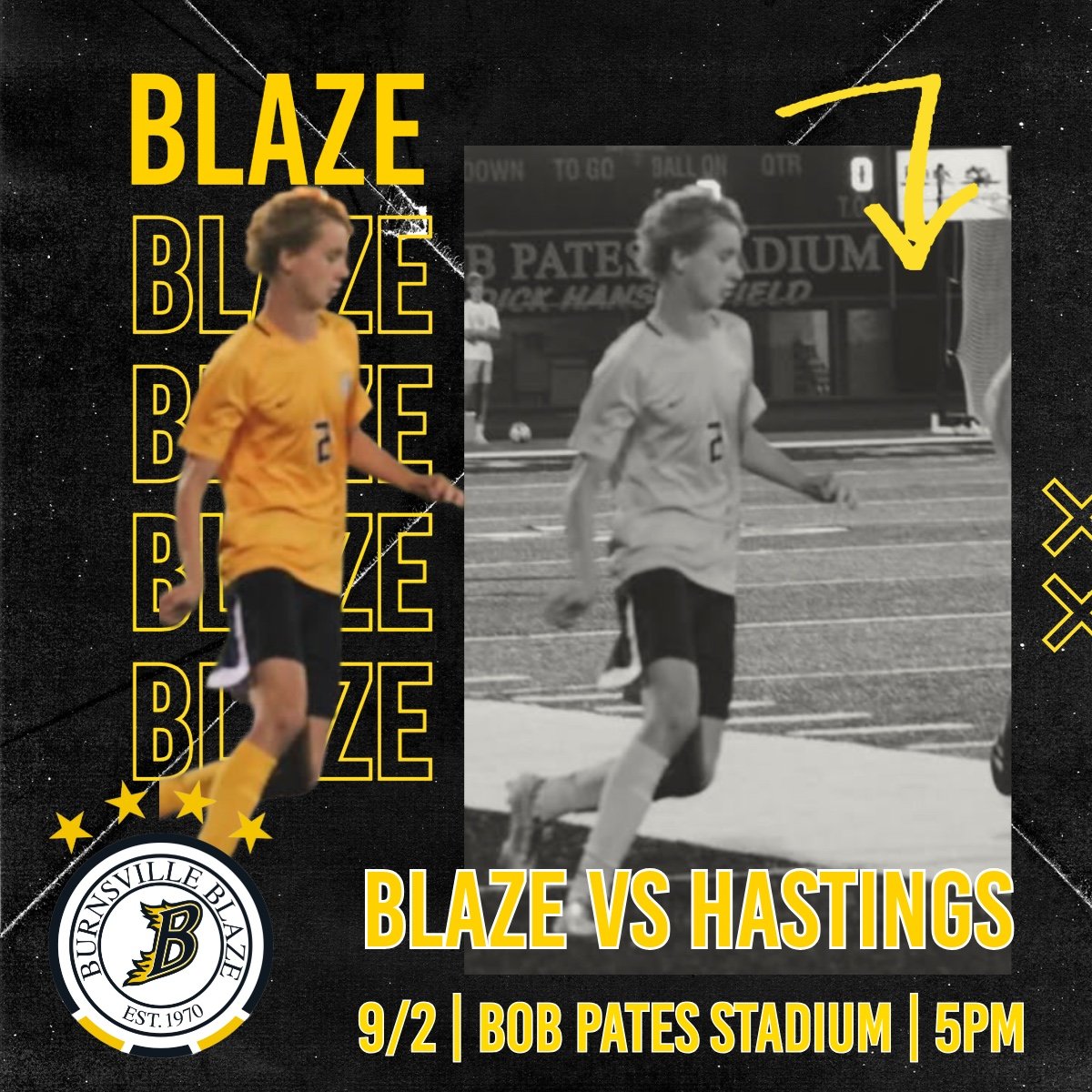 The Blaze host Hastings tonight for a 5 pm kick at Bob Pates Stadium! Come out and support your favorite high school soccer team!
Varsity 5pm
JV 4pm
9A 4pm