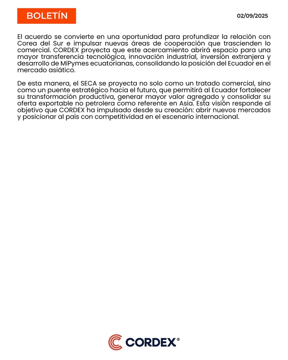 BOLETÍN | TLC REDUCE ARANCELES PARA EXPORTACIONES A COREA, PERO SE REQUIERE NEGOCIAR PROTOCOLOS SANITARIOS PARA APROVECHAR OPORTUNIDADES AL 100%

Tras la firma del Acuerdo Estratégico de Cooperación Económica (SECA)con Corea del Sur, las exportaciones ecuatorianas se verán