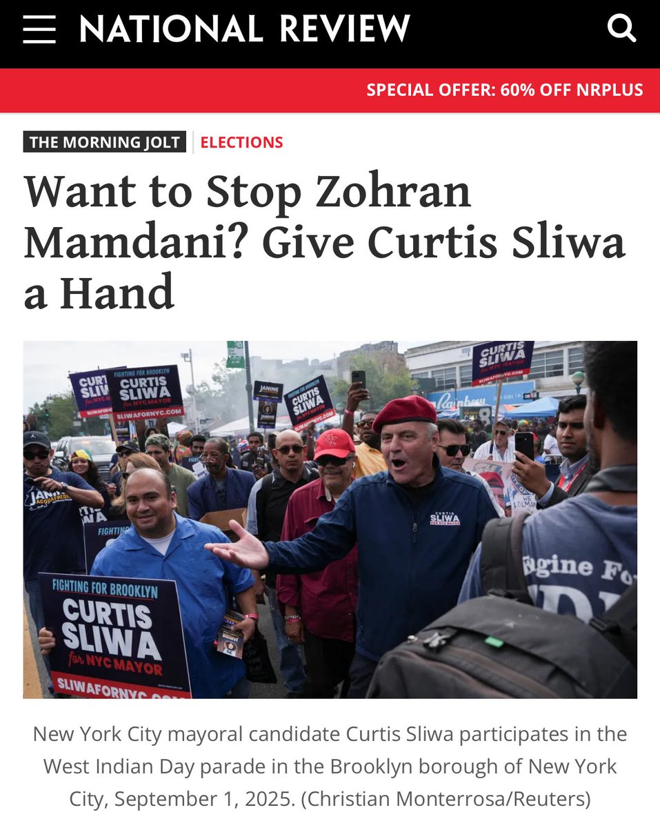 .<a href="/NRO/">National Review</a> makes it clear: stopping Zohran Mamdani means standing with <a href="/CurtisSliwa/">Curtis Sliwa</a>.  

<a href="/jimgeraghty/">Jim Geraghty</a> 

nationalreview.com/the-morning-jo…