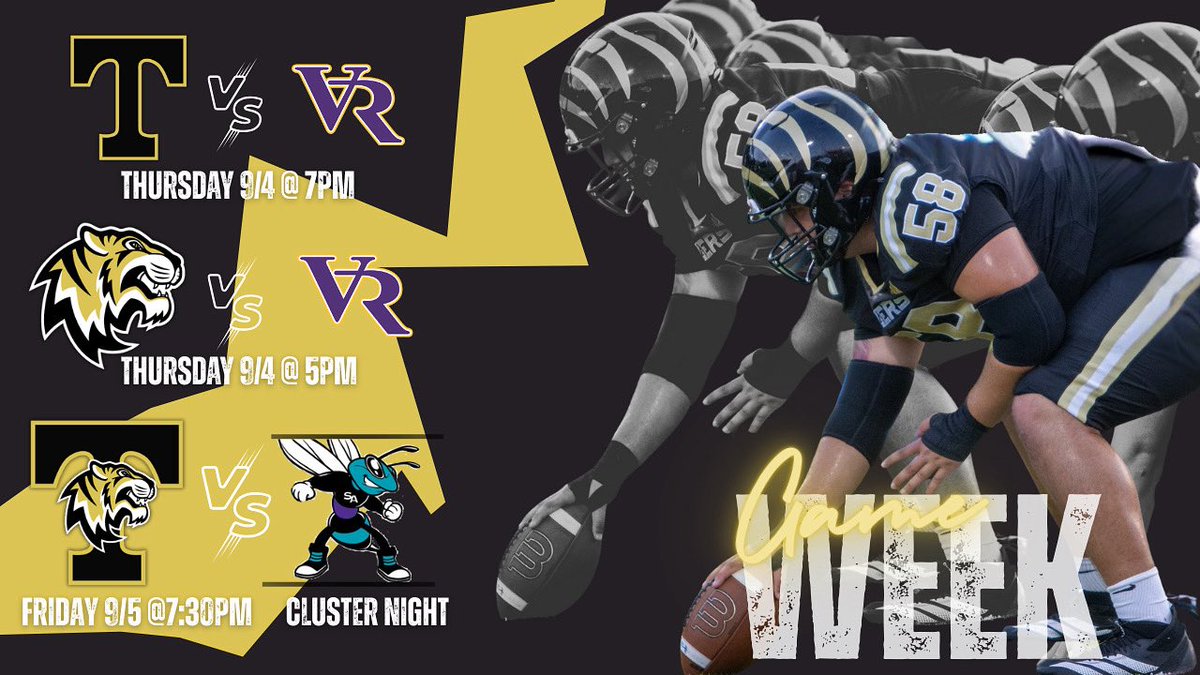HSFootball2026's tweet photo. 🐅🏈 GAME WEEK 🏈🐅
📅 Thurs 9/4
JV vs Villa Rica – 5PM
Middle School vs Villa Rica – 7PM
📅 Fri 9/5
Varsity vs South Atlanta – 7:30PM (Cluster Night)
Let’s pack Rogers Stadium & be LOUD for our Tigers! Go Tigers! 🖤💛
#TigerPride #BuiltDifferentBackAgain https://t.co/au1ailYbQZ