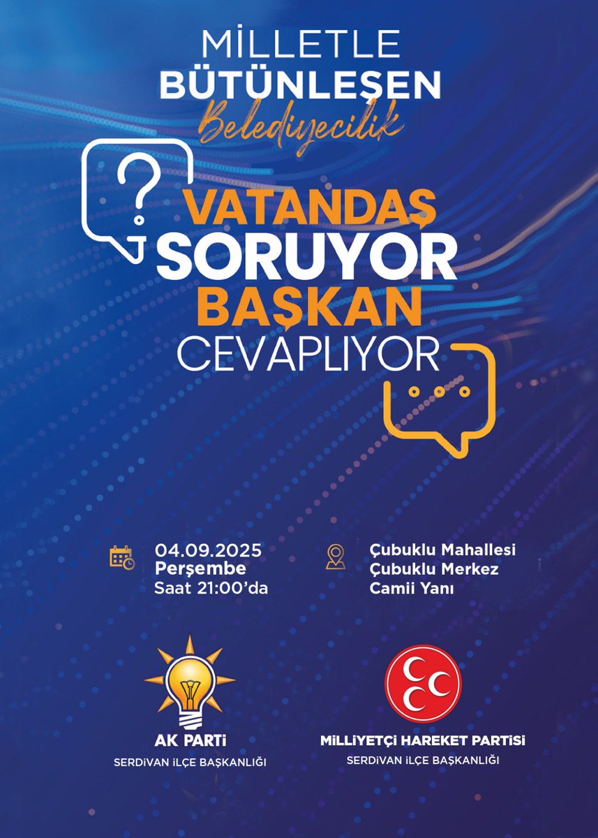 🎙️Vatandaş Soruyor Başkan Cevaplıyor🎤
Bu hafta Çubuklu Mahallemizdeyiz…

🗓 4 Eylül Perşembe
🕘 21.00
📍 Çubuklu Mahallesi
📌 Merkez Camii Yanı

Vatandaşlarımızla yine bir aradayız.

✅ Sesinize kulak veriyoruz
✅ Sorunlara birlikte çözüm arıyoruz
✅ Ortak akılla hareket