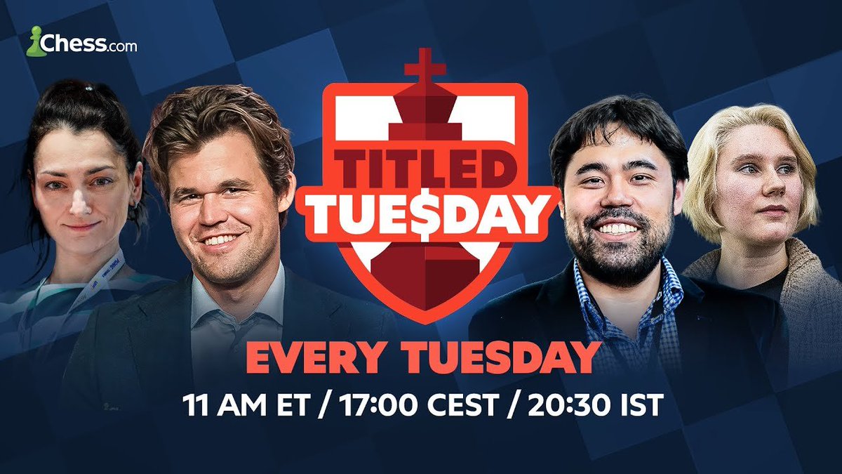TITLED TUESDAY LIVE STREAMS ARE HEREEEEE 
youtube.com/chess/live