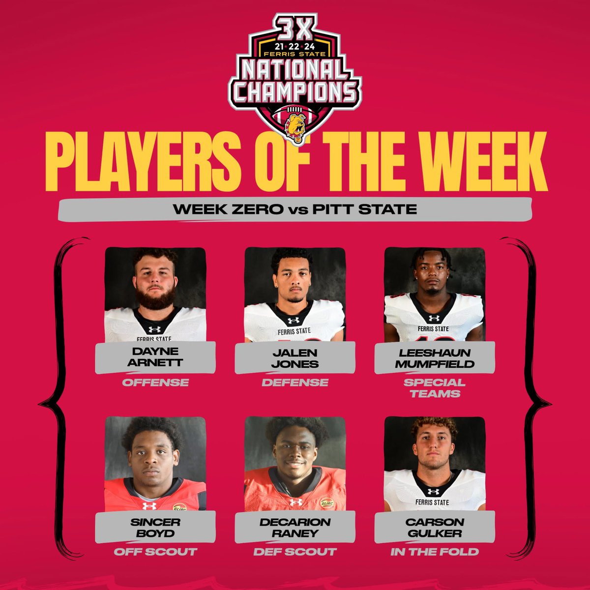 Week Zero Bulldog Players of the Week vs Pitt State! Great team win!
