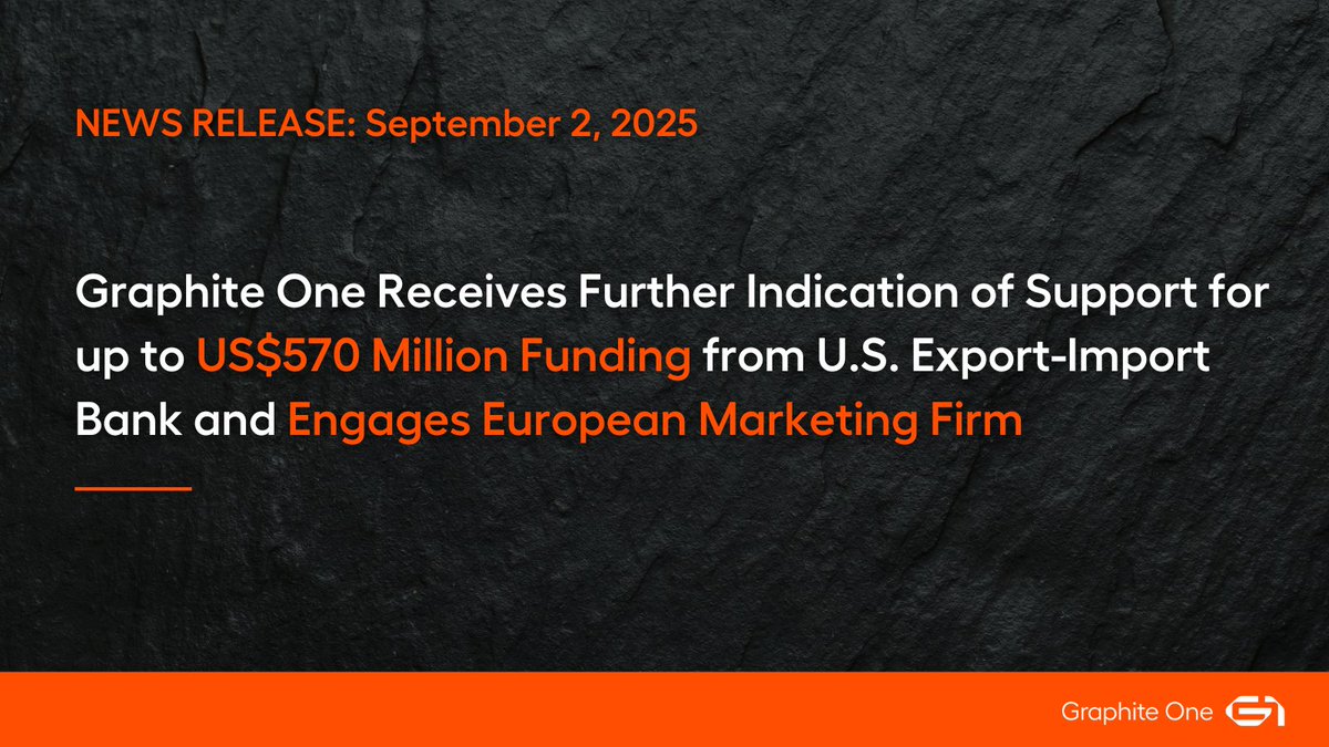GraphiteOne's tweet image. Graphite One $GPH.V | $GPHOF Receives Further Indication of Support for up to US$570 Million Funding from U.S. Export-Import Bank and Engages European Marketing Firm

▶️ Full Release: hubs.ly/Q03GsQN00