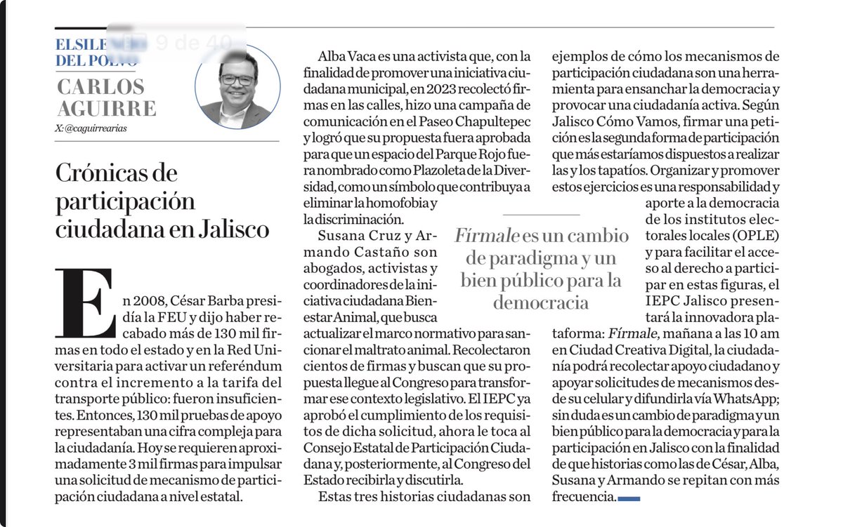 Crónicas de participación ciudadana hay muchas, las de <a href="/CesarBarbaD/">Cesar A. Barba</a>, Alba Karenina o <a href="/ArmandoCSalazar/">Armando Castaño 🇲🇽</a> son ejemplo de que una plataforma como Fírmale del <a href="/iepcjalisco/">IEPC Jalisco</a> puede incentivar a que se usen más estos mecanismos 

 amp.milenio.com/opinion/carlos…