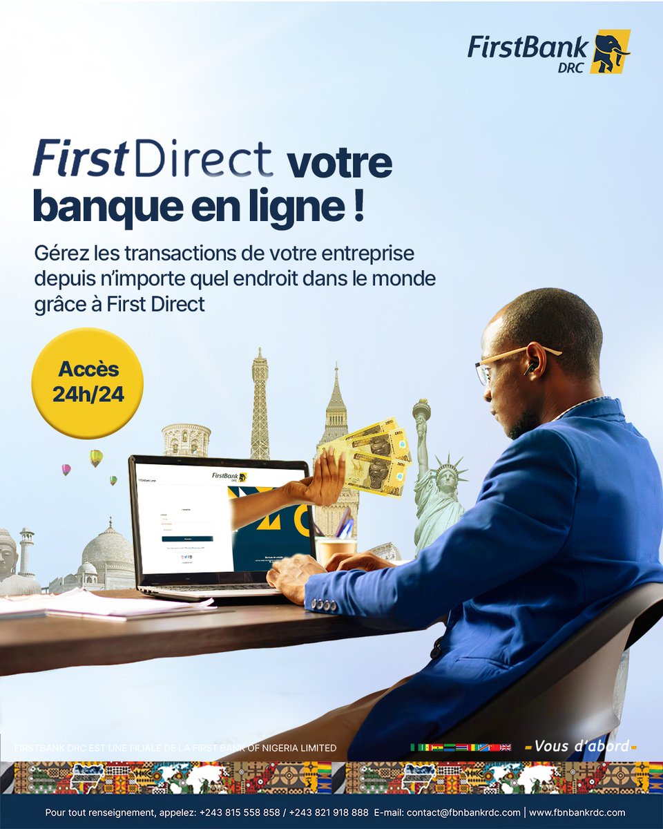 Accès 24h/24, virements, paiements, suivi de trésorerie : le tout depuis votre bureau ou votre salon.

🔐 FirstDirect, votre banque en ligne.

#eBusiness #BanqueDigitale #FirstBankPro #GérerEnLigne #FirstBankDRC”