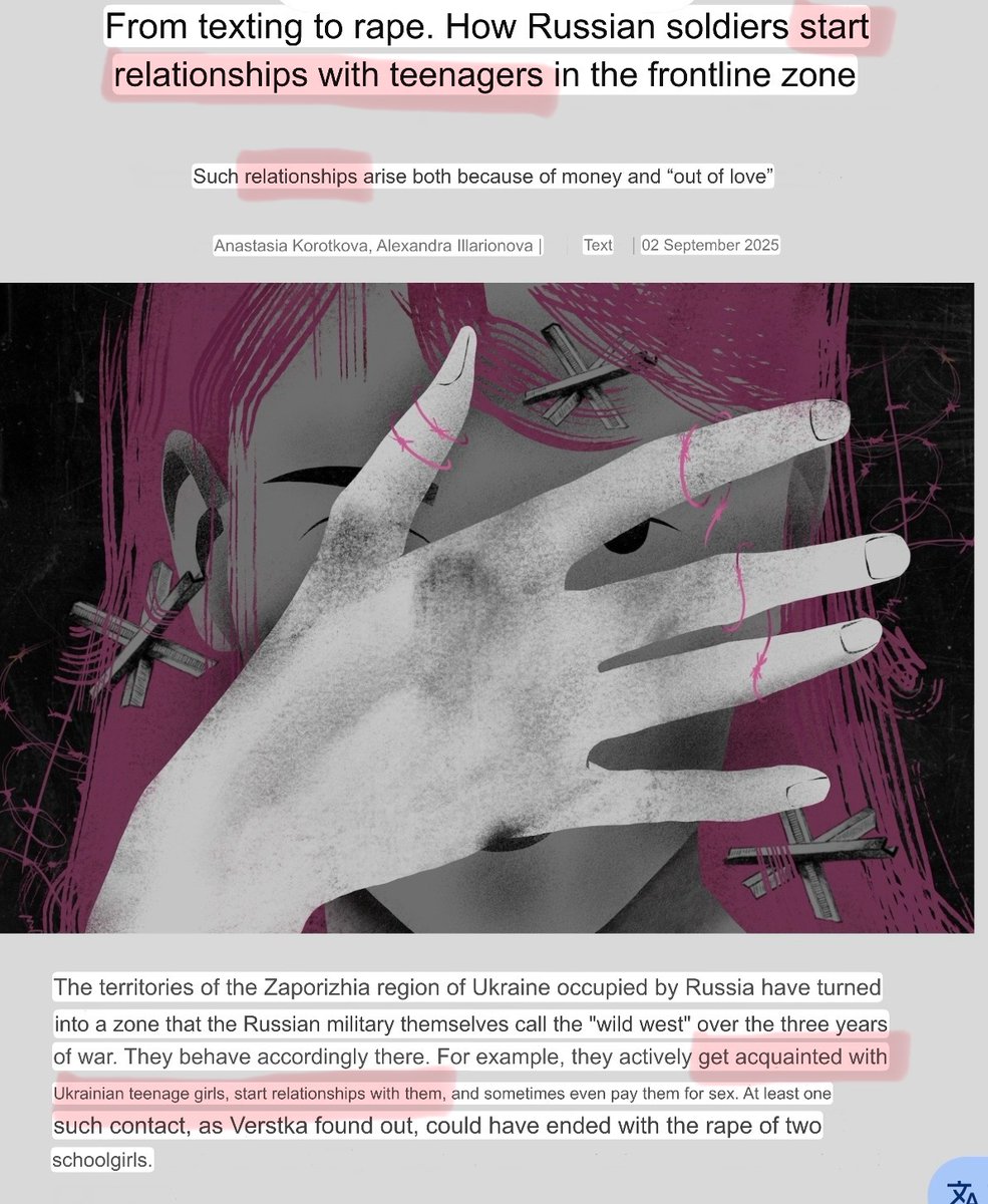 Ruzzian invaders: rape schoolgirls in occupied 🇺🇦  territories.
”Good russian” media Verstka: Why don’t we rename those rapes as “🇷🇺 officers starting relationships with 🇺🇦 teenagers”?🤬