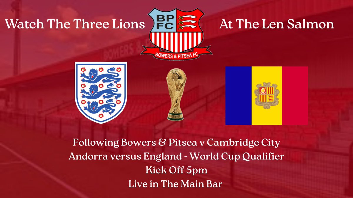 Straight after our <a href="/IsuzuFATrophy/">Isuzu FA Trophy</a> tie against <a href="/cambridgecityfc/">Cambridge City FC</a> we're showing <a href="/England/">England</a>  v Andorra in the main bar. 5pm Kick-Off. So stick around for a couple of drinks with our first team, and cheer on the #ThreeLions