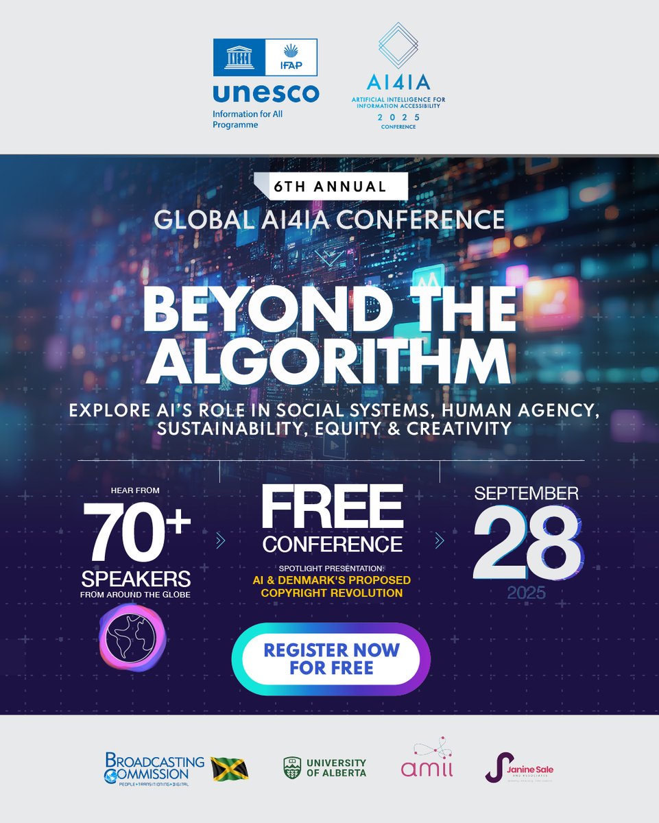 Ai4iaConference's tweet image. Join over 70 experts at the 5th Annual AI4IA Conference hosted by the UNESCO Information For All Programme (IFAP) Working Group on Information Accessibility (WGIA) to learn more.  Register for FREE at ai4iaconference.com/register-now/or click link in bio to register