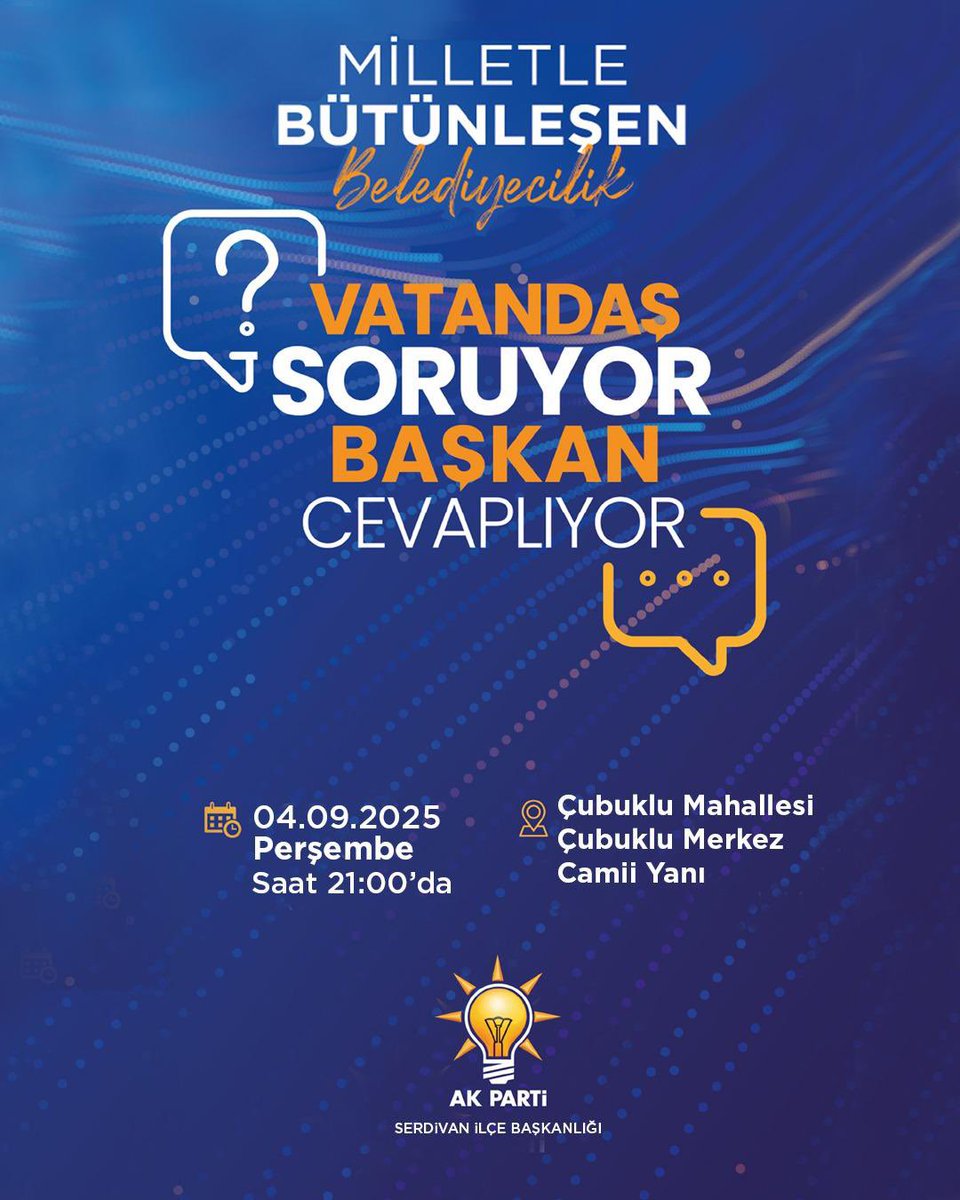 📢 Vatandaş Soruyor, Başkan Cevaplıyor!

Bu hafta Çubuklu Mahallemizdeyiz 👇

🗓 Tarih: 4 Eylül Perşembe
🕘 Saat: 21.00
📍 Yer: Çubuklu Mahallesi – Merkez Camii Yanı

Gelin, sesinizi birlikte yükseltelim:
✅ Sorunlara çözüm arıyoruz
✅ Ortak akılla hareket ediyoruz
✅ Hep