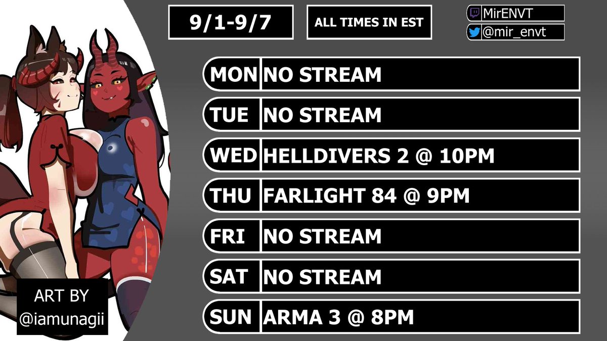 New schedule for the week! Playing some games with the friends then a bit of missionmaking on Sunday! Hope to see y'all then!

#Vtuber #ENVtuber #Hellhound
