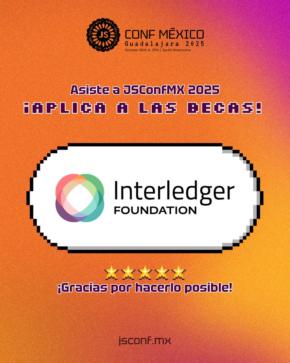Aplica a una de las #Becas de viaje para asistir a #JSConfMX 2025 en Guadalajara, Jalisco.
Este apoyo es gracias a la generosa aportación de <a href="/Interledger/">Interledger Foundation</a> ✨

Aprovecha esta oportunidad de unirte a la comunidad de #Javascript en México. 👉🏻 Aplica en forms.gle/pyhmf5riJwbemS…

📅