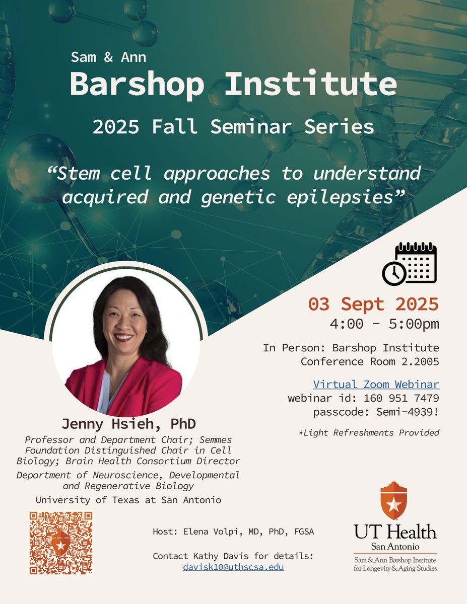 Sam & Ann Barshop Institute (@uthealthbarshop) on Twitter photo 📣🗓️Join us Wed, Sept 3 @ 4PM CT for our Fall Seminar Series! Jenny Hsieh, PhD, presents:  "Stem cell approaches to understand acquired and genetic epilepsies."
đź”—Details: bit.ly/4jjeaJw
#BarshopSeminarSeries 📣🗓️Join us Wed, Sept 3 @ 4PM CT for our Fall Seminar Series! Jenny Hsieh, PhD, presents:  "Stem cell approaches to understand acquired and genetic epilepsies."
đź”—Details: bit.ly/4jjeaJw
#BarshopSeminarSeries