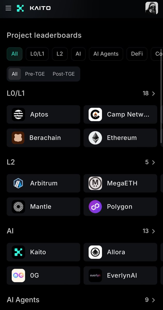 madamayo_'s tweet image. Fresh Kaito UI update looking sharp, @KaitoAI

Now you can browse projects by category: 

L0/L1, DeFi, AI Agents, and more