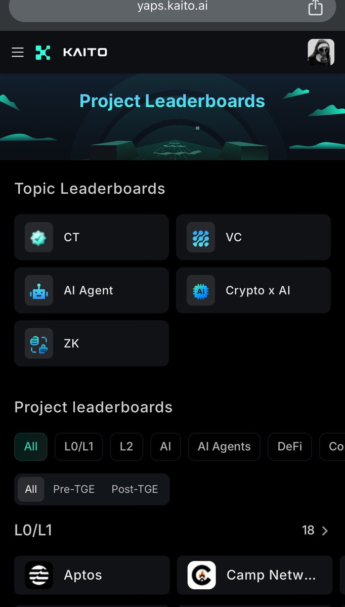 madamayo_'s tweet image. Fresh Kaito UI update looking sharp, @KaitoAI

Now you can browse projects by category: 

L0/L1, DeFi, AI Agents, and more