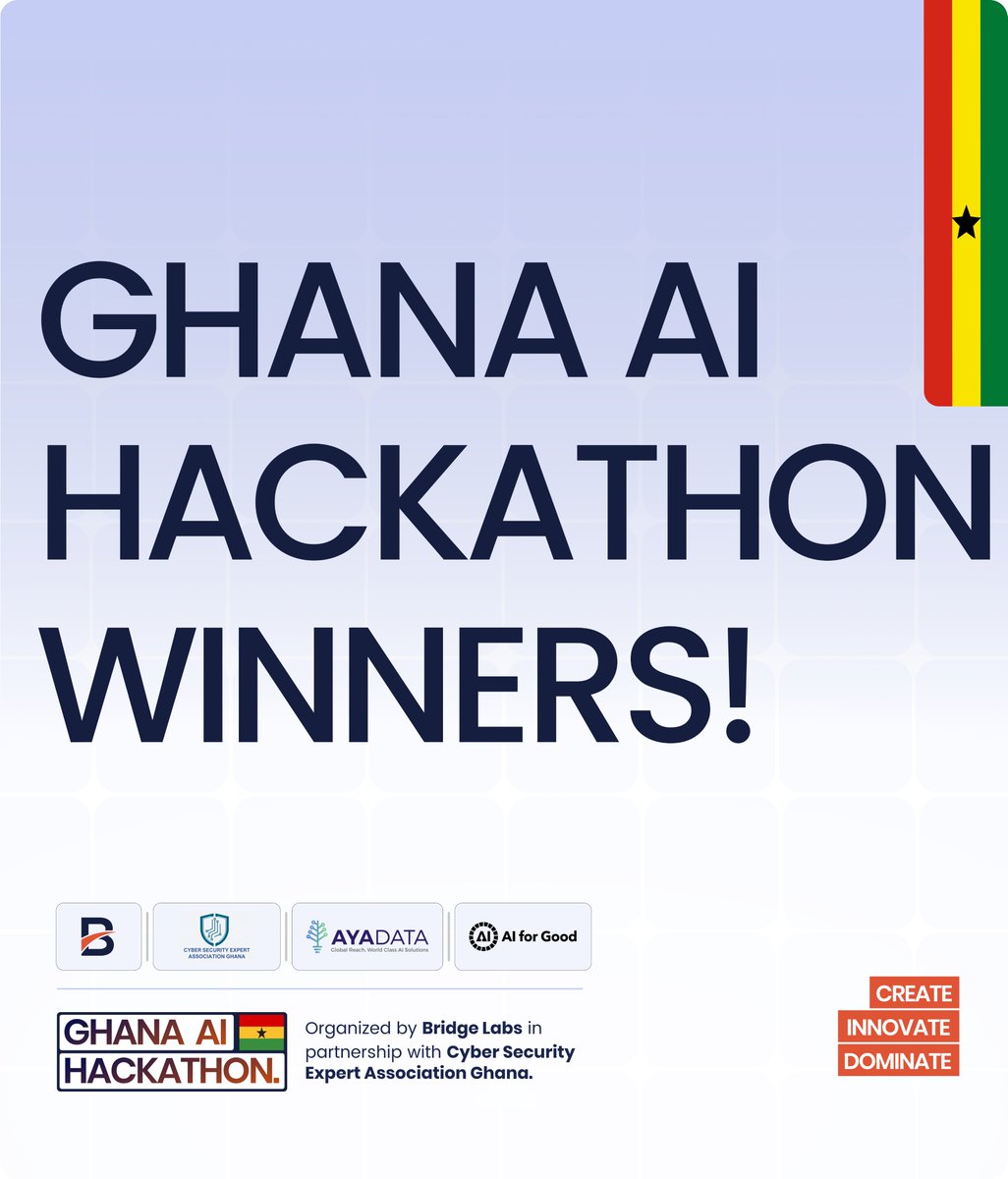 BridgeLabstech's tweet image. The Ghana AI Hackathon 2025 has officially concluded, and we're proud to announce our winners.
This inaugural event brought together over 160 developers who submitted 18 innovative AI solutions addressing critical challenges in Ghana's agriculture and transportation sectors.…