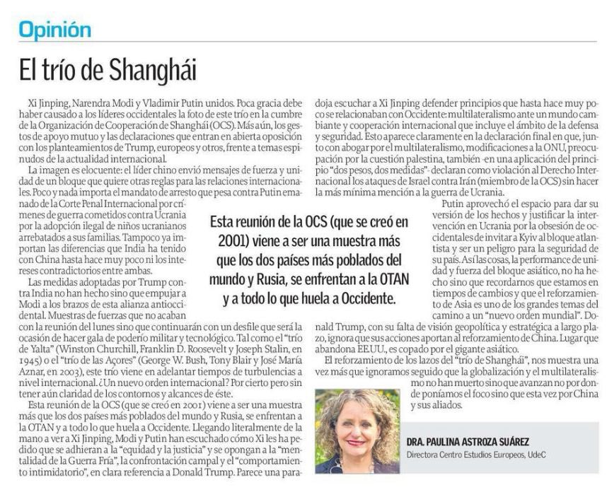Mi columna de hoy en <a href="/elsurcl/">Diario El Sur</a> sobre el “Trío de Shanghái” #OCS #RRII #Rusia #China #India