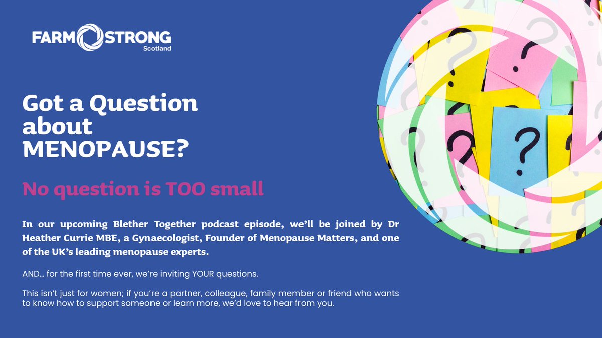 💬 Got a question about menopause? Ask it now! 🎙️ Dr Heather Currie MBE will be joining our Blether Together podcast, and we want YOUR questions.

👩👨 This isn’t just for those experiencing menopause - partners, family &amp; colleagues welcome.