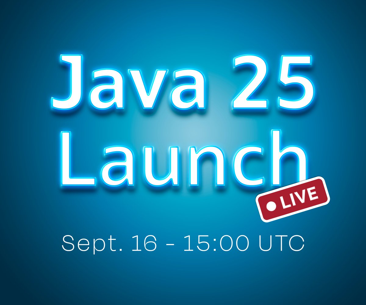 java's tweet image. Join us on Sept. 16th at 15:00 UTC for the #Java25 launch stream!
The Java team and guests will cover key changes from Java 21 to 25: language and API additions, performance and security updates, and more.
Details: social.ora.cl/6010fASHm