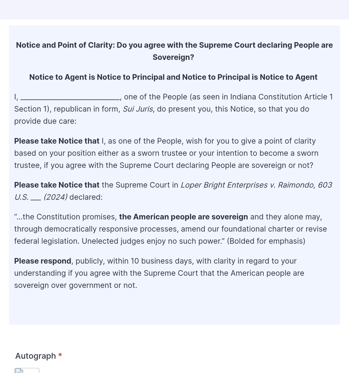 As a congressional candidate I am receiving several of these notices in my email (this one, signed "Ray Charles"). 
As someone who has lived in middle of the ocean to achieve some degree of sovereignty, even then I did not claim to be fully sovereign but I gained some good