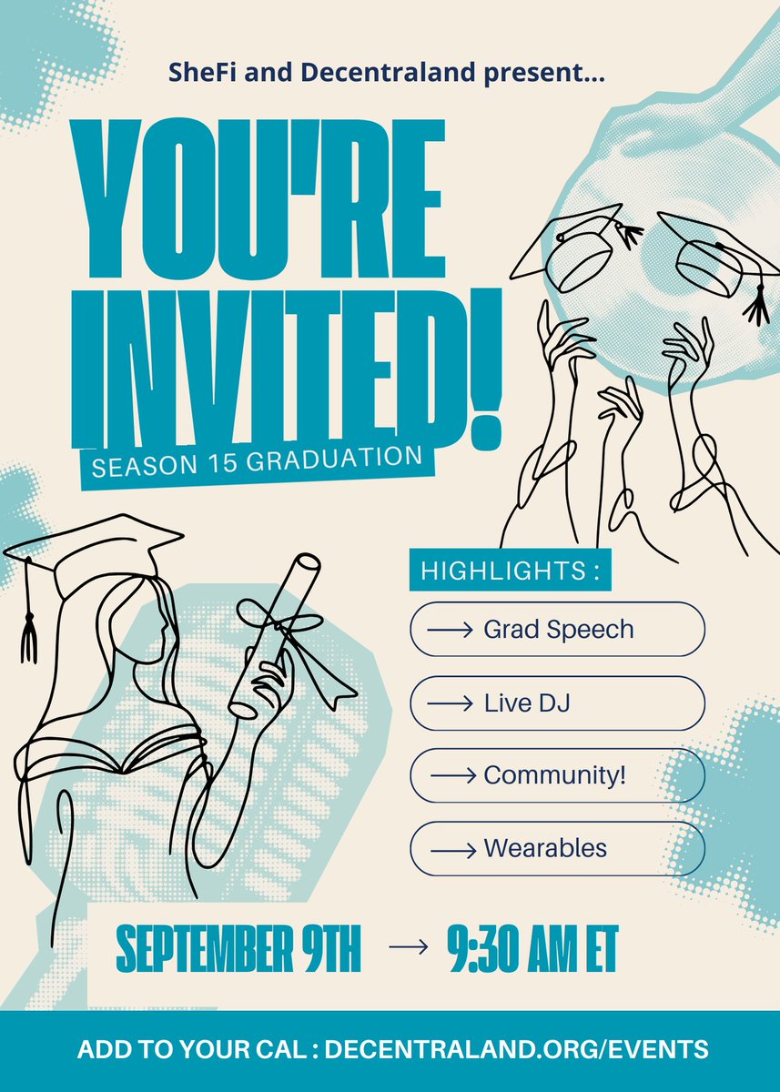shefi.eth (💫,💫) (@shefiorg) on Twitter photo PSST: You're invited to the SheFi Season 14 graduation. 💌 🎓
We're coming together from all over the world inside <a href="/decentraland/">Decentraland</a> September 9th at 9:30 am ET.
Whether you're a SheFi member or an ally, join us for a speech from <a href="/maggielove_/">maggie.shefi.eth</a>, rockin' beats from <a href="/LosCat__/">LosCat</a>, iconic PSST: You're invited to the SheFi Season 14 graduation. 💌 🎓
We're coming together from all over the world inside <a href="/decentraland/">Decentraland</a> September 9th at 9:30 am ET.
Whether you're a SheFi member or an ally, join us for a speech from <a href="/maggielove_/">maggie.shefi.eth</a>, rockin' beats from <a href="/LosCat__/">LosCat</a>, iconic