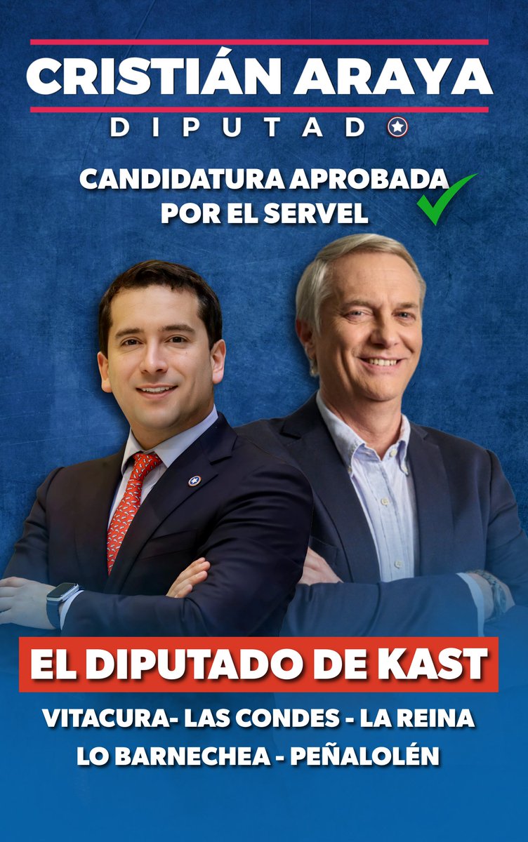 ✅ ¡Servel aprobó nuestra candidatura!
Esto no empieza hoy: es la continuidad de lo que siempre he hecho —defender la seguridad y la libertad de los vecinos del Distrito 11: Vitacura, Las Condes, Lo Barnechea, La Reina y Peñalolén.
💪 Con <a href="/joseantoniokast/">José Antonio Kast Rist 👍🇨🇱</a> y #LaFuerzaDelCambio